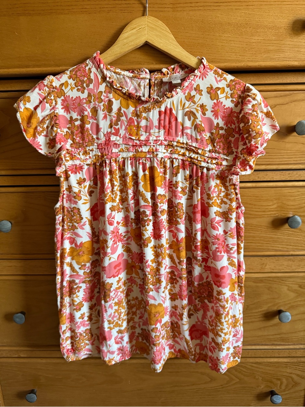 LOFT Pink & Orange Ruffle Collar Smocked Pintucked Bodice Sleeveless Top Size L